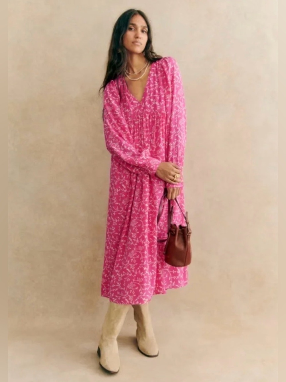 Sezane Nilla Chiffon Pink Floral V-Neck Long Sleeve Dress